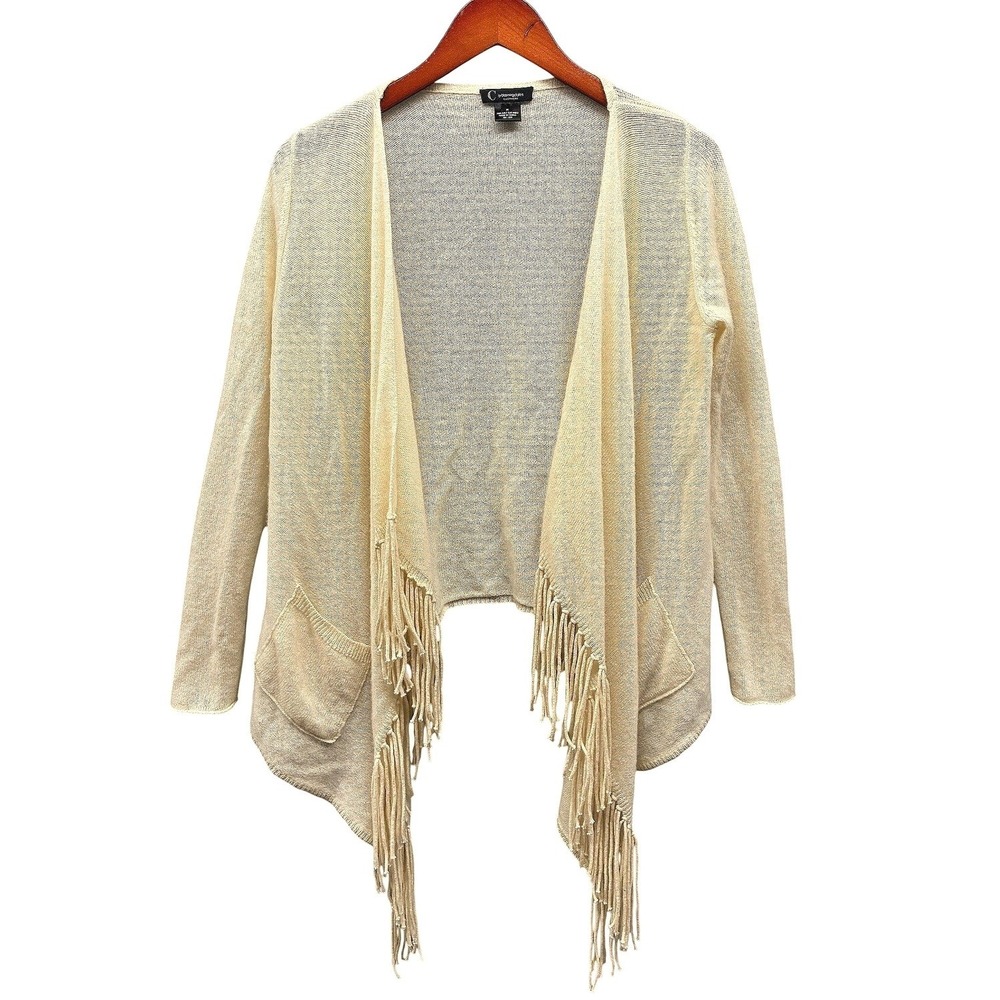 C by Bloomingdale's Fringe Cardigan Sweater Womens M Ivory Cashmere Waterfall